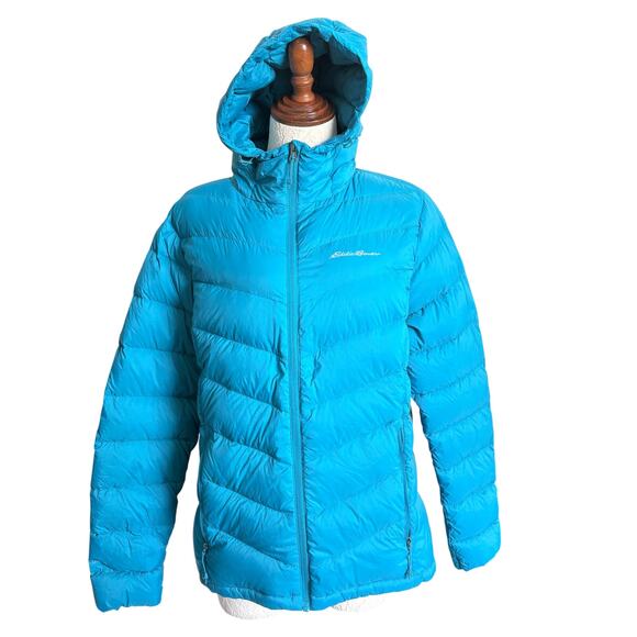 Eddie Bauer Teal Down Hooded Puffer Jacket Women’s Large 80/20 Packable Gorpcore - Picture 2 of 13
